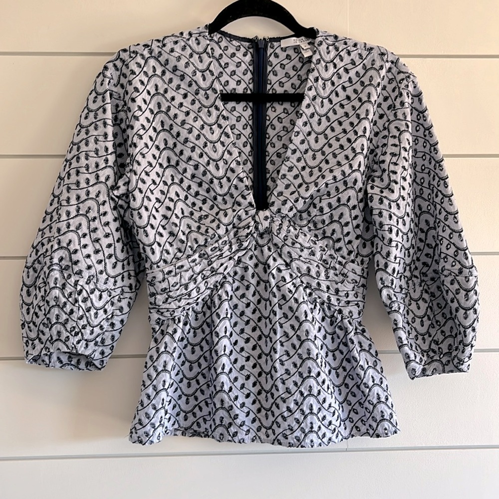 Derek Lam Blue Puff Sleeve Smocked Blouse